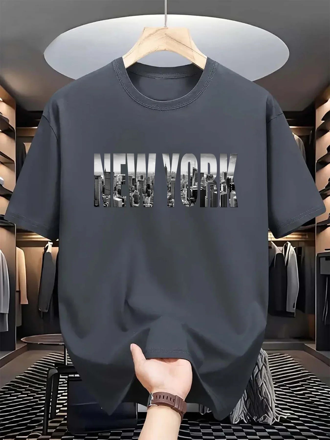 Summer men's 100% pure cotton casual loose plus size New York City printed sports comfortable round neck short sleeved T-shirt
