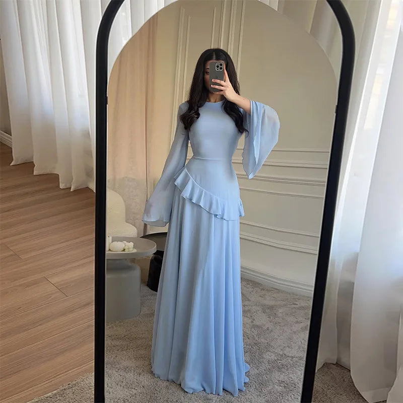 Women Chiffon Solid Ruffled Dress Flare Sleeve Round Neck 2025 New Elegant Maxi Gown Evening Party Fashion Holiday Lady