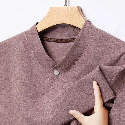 2026 Korean Style Men's Casual and Fashionable One Button V-neck Solid Color Short Sleeved T-shirt Summer Versatile Top