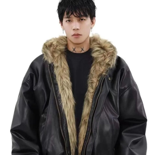 Luxury Vintage Short American Faux Fur Coat New Reversible Wear Hooded Warm Pu Leather Jacket Winter Thick Chic Outerwear New