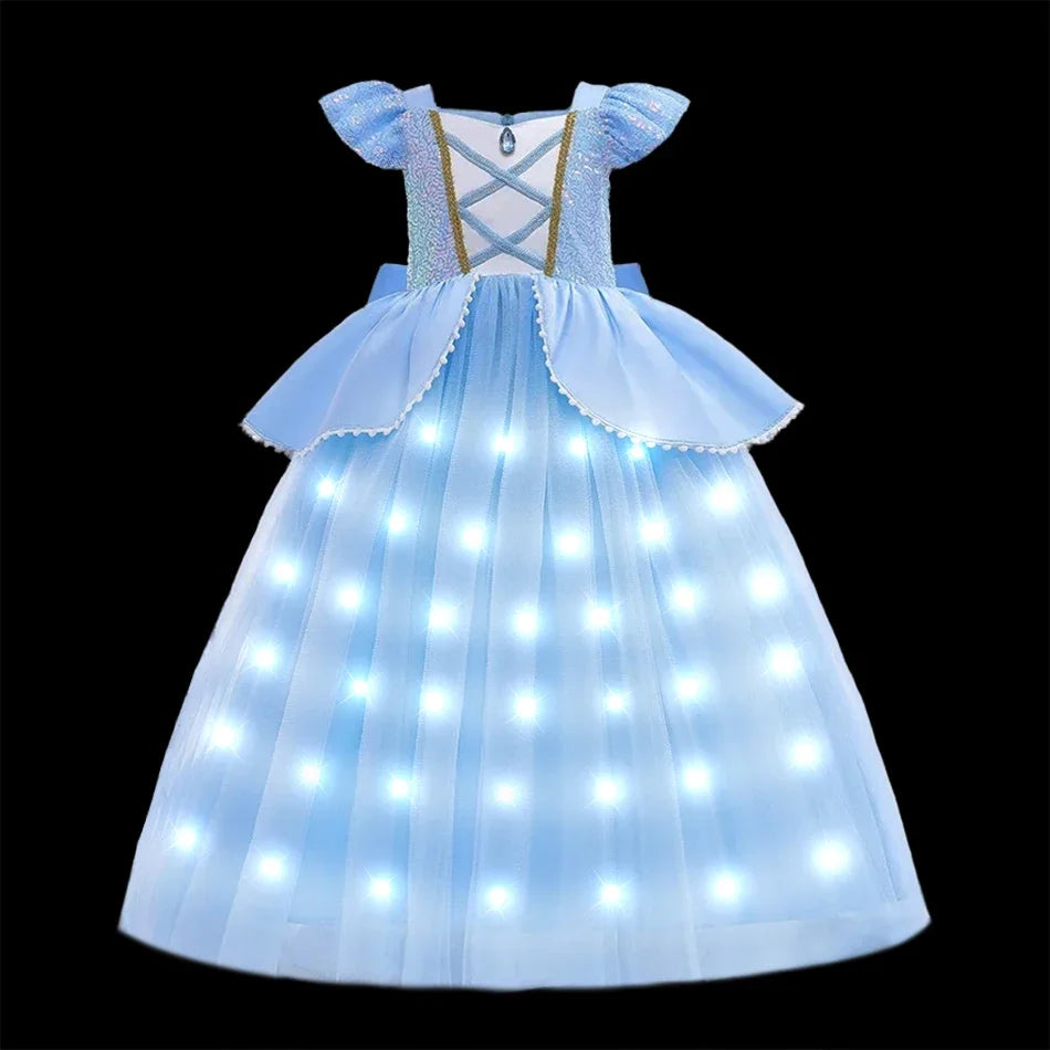 Girl Elsa Anna Princess Dress with LED Light Up Costume for Kids Cosplay Party Clothes Rapunzel Aurora Outfit Carnival Prom Gown