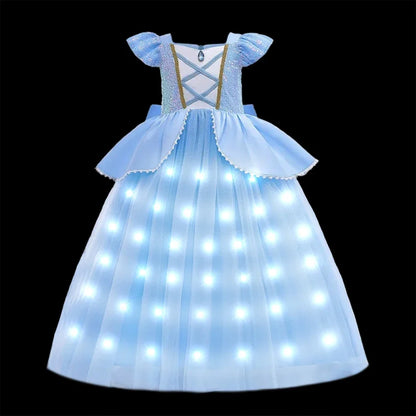 Girl Elsa Anna Princess Dress with LED Light Up Costume for Kids Cosplay Party Clothes Rapunzel Aurora Outfit Carnival Prom Gown