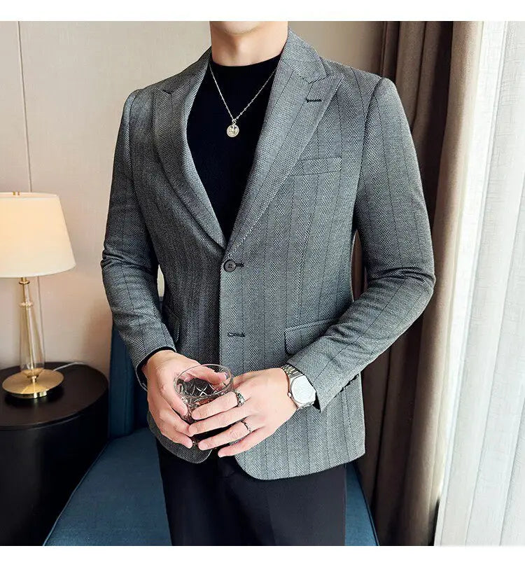 Men's Herringbone Stripe Suit Blazer Classic Lapel Dress Jacket Elegant Slim Fit Fashion Simple Casual Business Prom Suit Jacket
