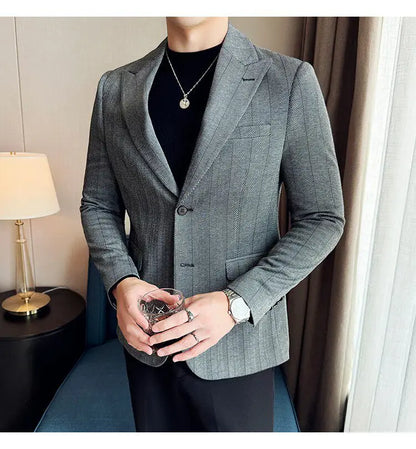Men's Herringbone Stripe Suit Blazer Classic Lapel Dress Jacket Elegant Slim Fit Fashion Simple Casual Business Prom Suit Jacket
