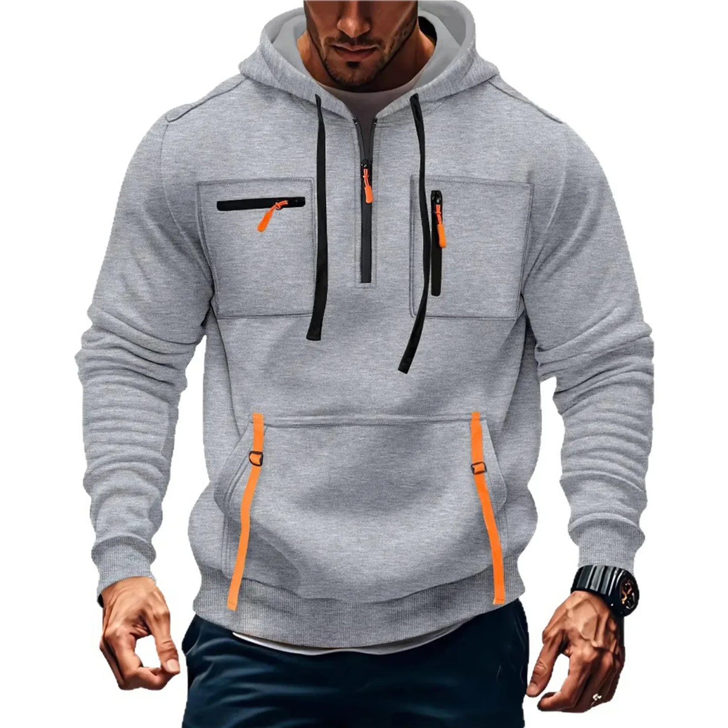 Men's Casual Sports Hoodie 2025 New Fashion Pocket Zipper Hooded Sweatshirt Solid Color Loose Coat Outdoor Running Streetwear