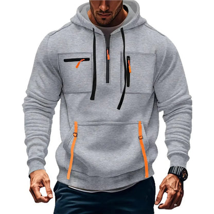 Men's Casual Sports Hoodie 2025 New Fashion Pocket Zipper Hooded Sweatshirt Solid Color Loose Coat Outdoor Running Streetwear