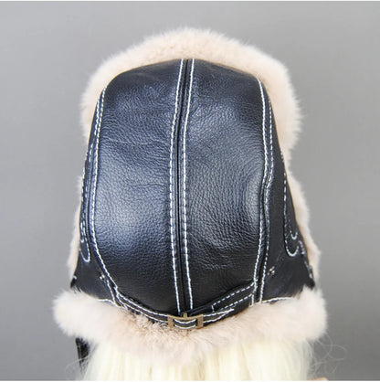 Hot Sale Winter Women's 100% Real Rabbit Fur Bomber Hat Ushanka Cap Trapper Russian Woman Ski Hats Caps Real Sheepskin Leather