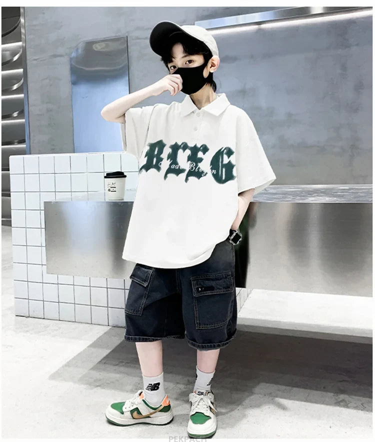 Korean Kids Boy Suit Summer Set Fashion Teenager Child Clothes Set Cotton Polo Shirt + Shorts 2pcs Outfits Tracksuit Costume