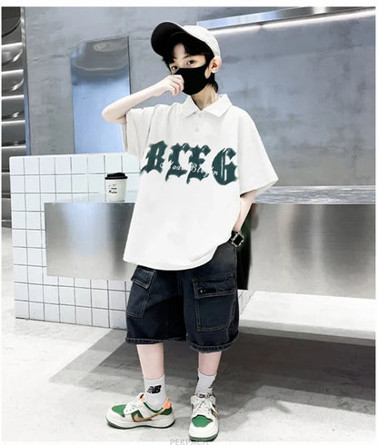 Korean Kids Boy Suit Summer Set Fashion Teenager Child Clothes Set Cotton Polo Shirt + Shorts 2pcs Outfits Tracksuit Costume