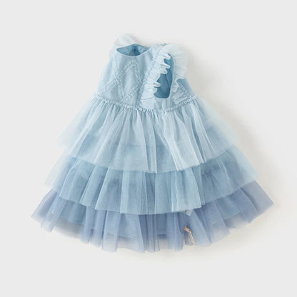 Girl's Princess Dress 2025 New Summer Children's Baby Sleeveless Blue Mesh Layered Dress Cute Sweet Party DB2240502