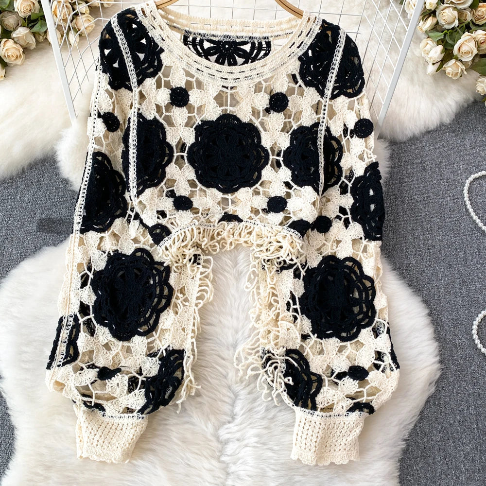 Hook Flower Hollow Out Tops Women Long Lantern Sleeves Tassels Vintage Bohemian Loose Beachwear Hotsweet Knit Blouse