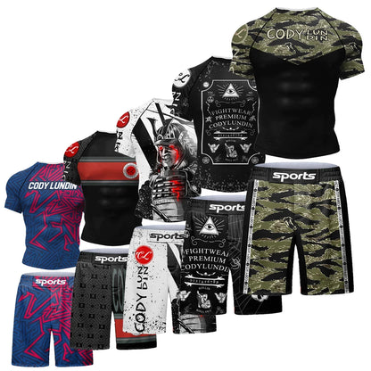 Popular Beach Surf Wear Short Sets For jiu jitsu Bjj No Gi Rashguard+Grappling Shorts Cool Westling stretchy Running Gym Clothes