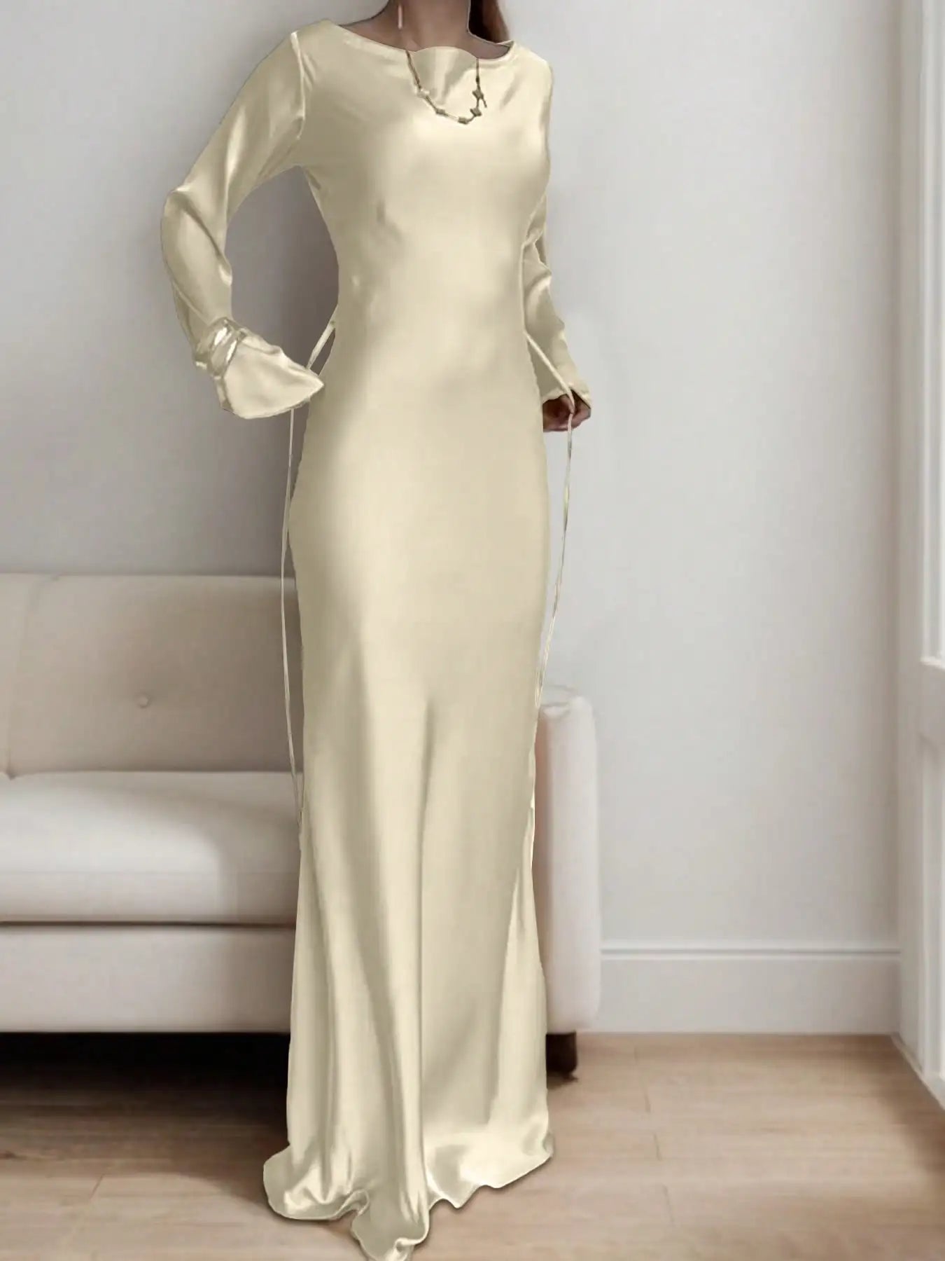 Women's Bespoke Satin Maxi Dress with Corset Waist Tie Classic Round Neck & Dramatic Flared Sleeves Luxury Evening Dress
