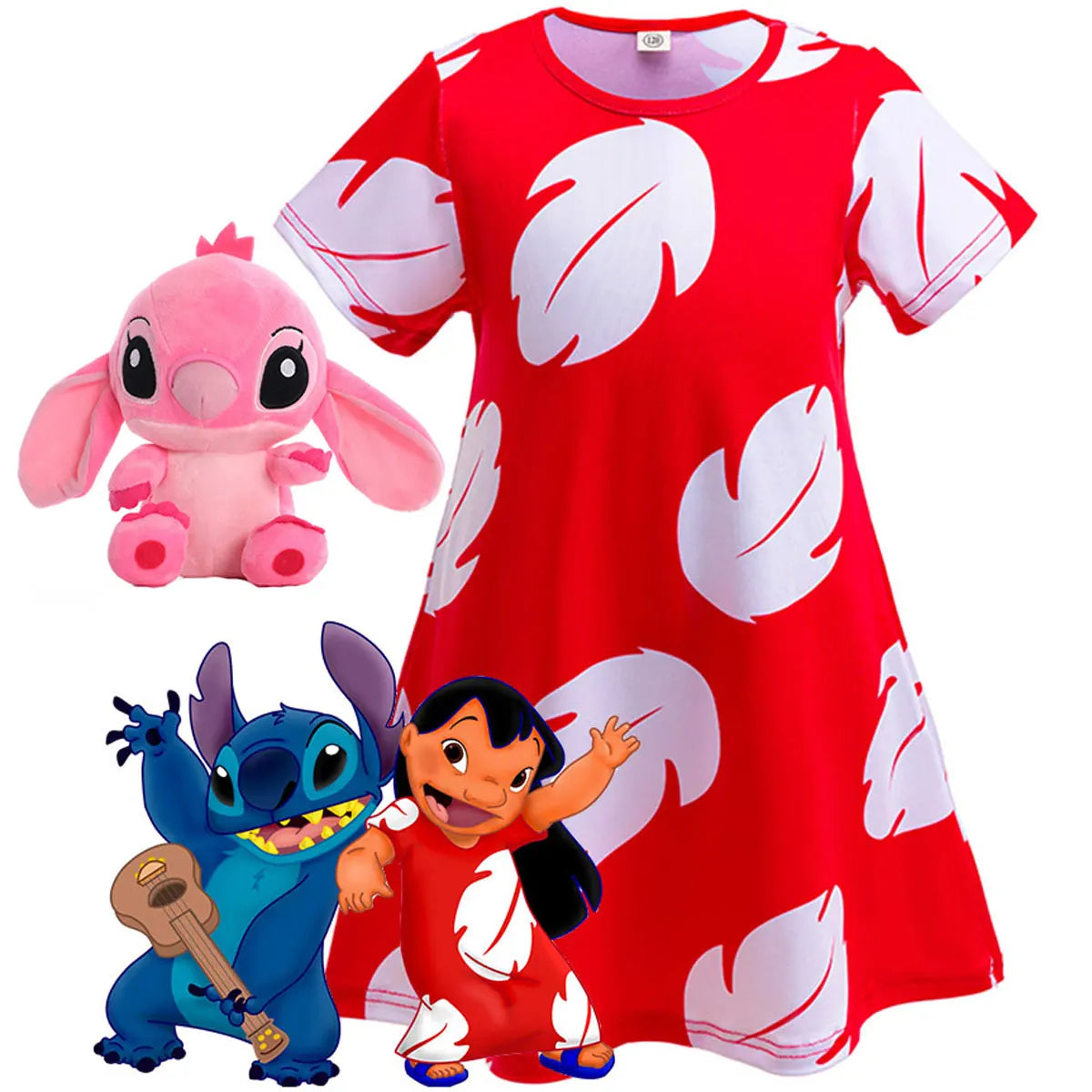 Costume Girl Cosplay Red Dress Short Sleeve Pajamas Hawaiian Printed Dress Summer Beach Outfit + Stitch Doll Set