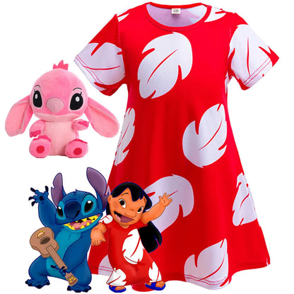 Costume Girl Cosplay Red Dress Short Sleeve Pajamas Hawaiian Printed Dress Summer Beach Outfit + Stitch Doll Set
