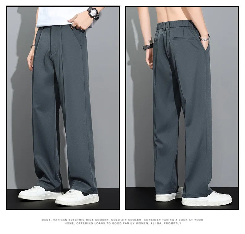 Men's 2026 Summer Korean Style Loose Straight Leg Draping Lightweight Casual Pants Slacks Khaki Dark Gray Black Trousers Male