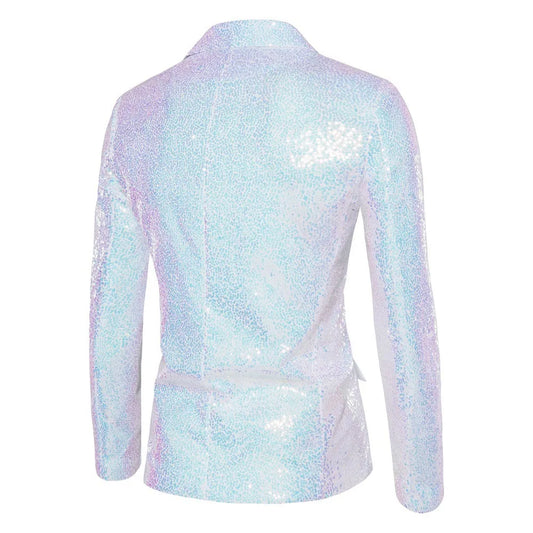 2026 Men's Suit Jacket, Shiny Sequin Stage Performance Coat, White Silver Blue Red Purple Blazers V-neck Single Button S-XXL