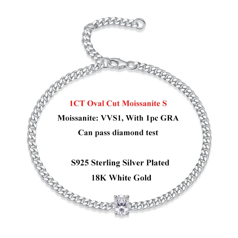1CT Oval Cut D Color Moissanite Diamond Bracelet for Women 925 Silver Plated 18k Adjustable 16-21cm Cuban Link Bracelets