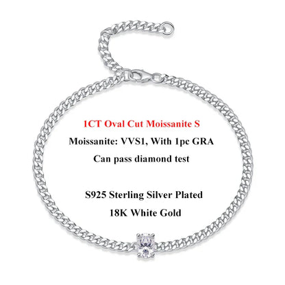 1CT Oval Cut D Color Moissanite Diamond Bracelet for Women 925 Silver Plated 18k Adjustable 16-21cm Cuban Link Bracelets