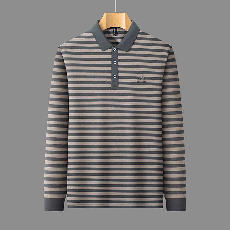 2025 new spring and autumn season new men's striped long sleeved T-shirt business casual lapel polo shirt base top