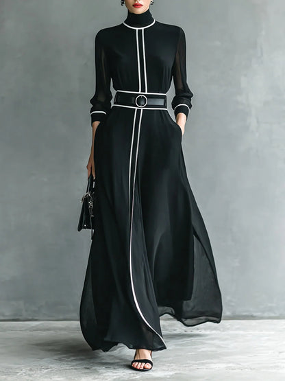 French Elegant Chiffon Maxi Dress, High Neck Long Sleeve with White Piping Trim, Ideal for Office, Business, Banquets & Parties