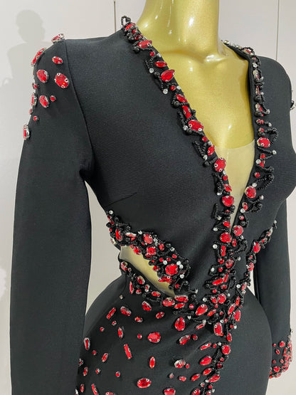 Women Celebrity Sexy Long Sleeve V Neck Rhinestone Black Bandage Dress 2025 Elegant Evening Club Luxury Birthday Party Dresses