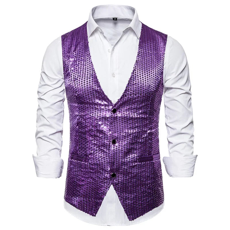 New Gold Sequin Vest Men's Single-breasted V-neck Sleeveless Vests Coat Wedding Party Waistcoat Silver Blue Purple Red Tops
