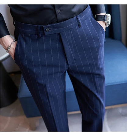 Autumn New Fashion Stripe Men's Suit Pants High Quality Straight Long Classic Business Elegant Slim Fit Casual Trousers 38-29