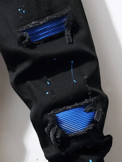 High Stretch Men's Ripped Jeans for Men Cool Skinny Slim Denim Pants Patchwork Hip Hop Black Blue Casual Jogging Trousers