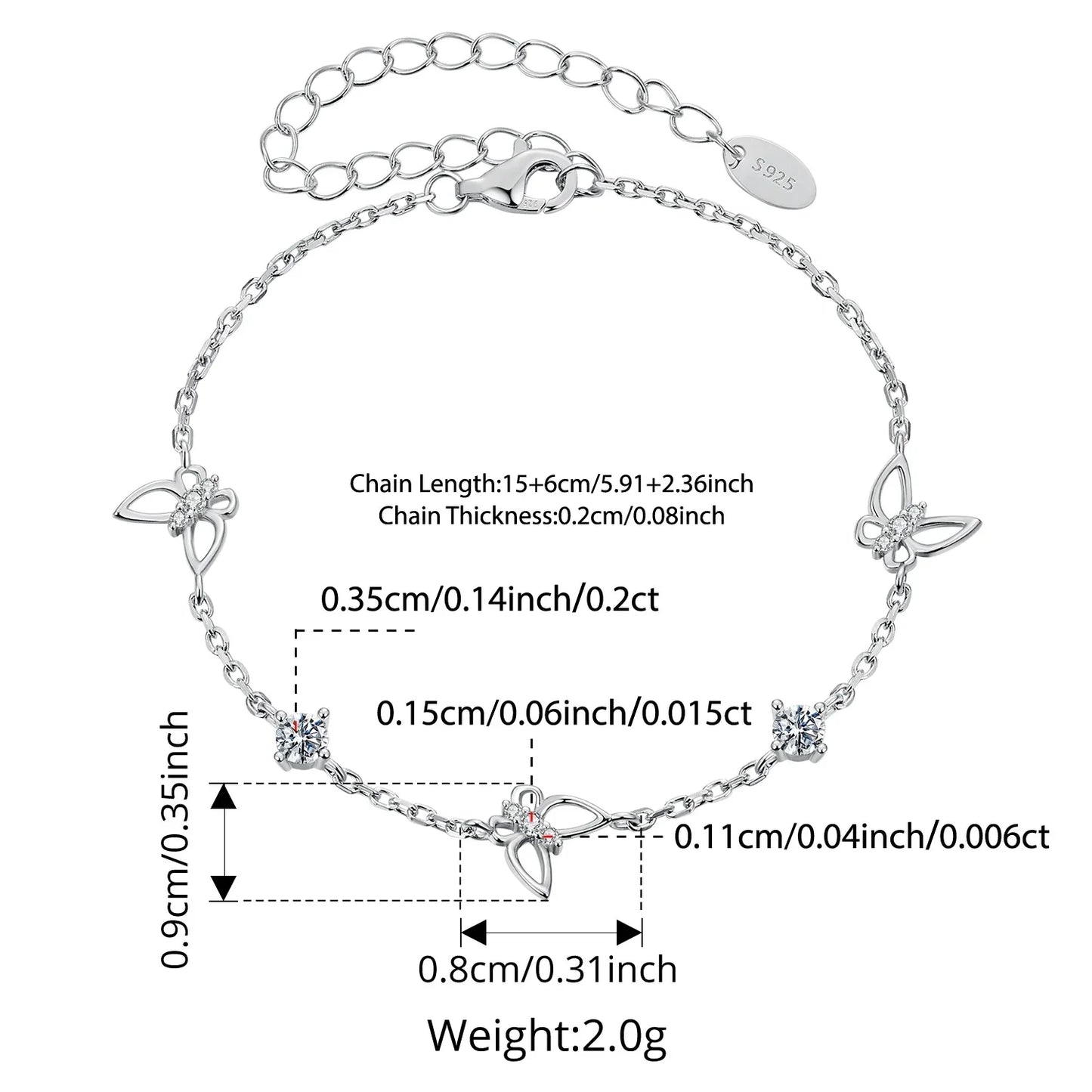 Moissanite Hollowed Butterfly Bracelet Adjustable 925 Sterling Silver Wrist Link Chain for Women Teen Romantic Gift