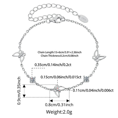Moissanite Hollowed Butterfly Bracelet Adjustable 925 Sterling Silver Wrist Link Chain for Women Teen Romantic Gift