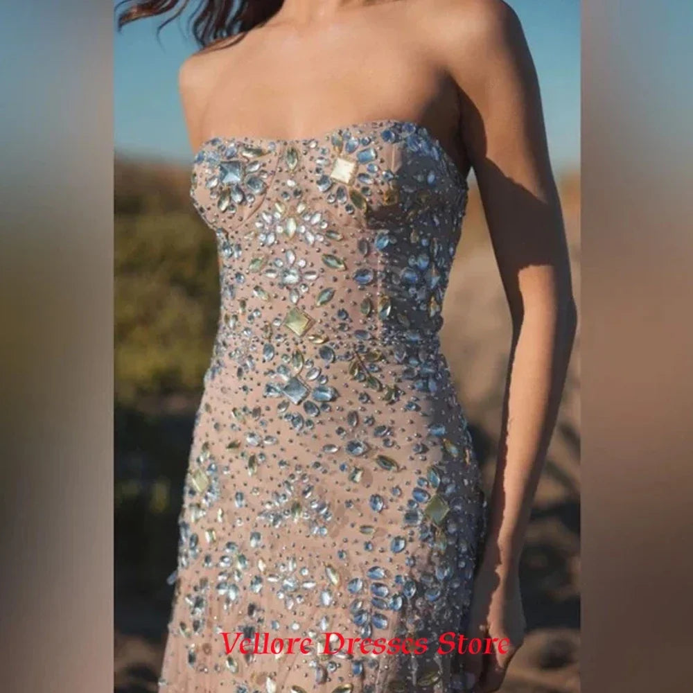 Luxury Champagne Tulle Evening Dress Classic Sweetheart Sleeveless Celebrity Gowns Delicate Crystal Customized Party Dresses