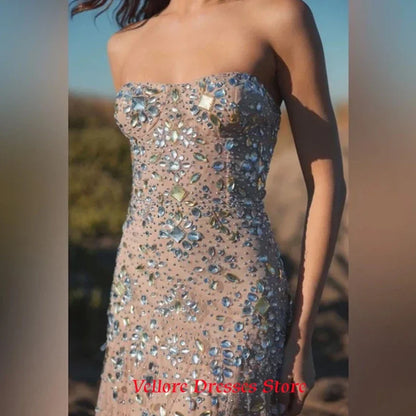 Luxury Champagne Tulle Evening Dress Classic Sweetheart Sleeveless Celebrity Gowns Delicate Crystal Customized Party Dresses