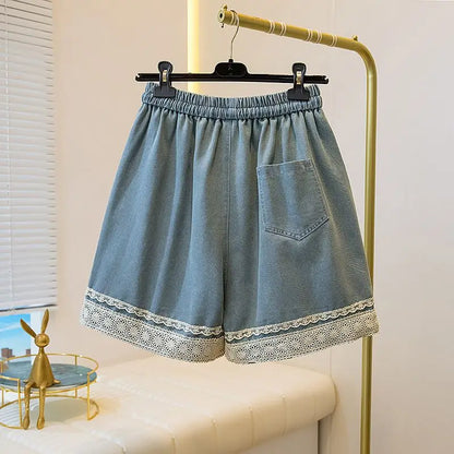 Women's High Waist Denim Shorts Summer Casual Loose Wide Leg with Lace Edging Five Points Trousers