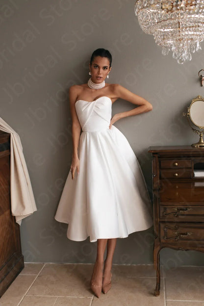 Modern Simple Sleeveless Wedding Dresses Short Bride  Strapless Mid Calf Length Bridal Gowns Lace Up Back 2023 On Sale