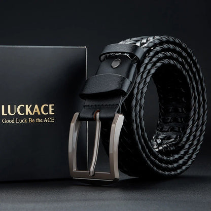 Genuine Leather Cowhide Casual Men's Belt, Trendy Knitted Belt With Alloy Buckle, Gift For Boyfriend/Husband/Father