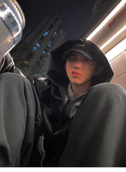 Spring Autumn Short Oversized Black Soft Pu Leather Jacket Men with Hood Zipper Loose Casual Korean Fashion Clothes