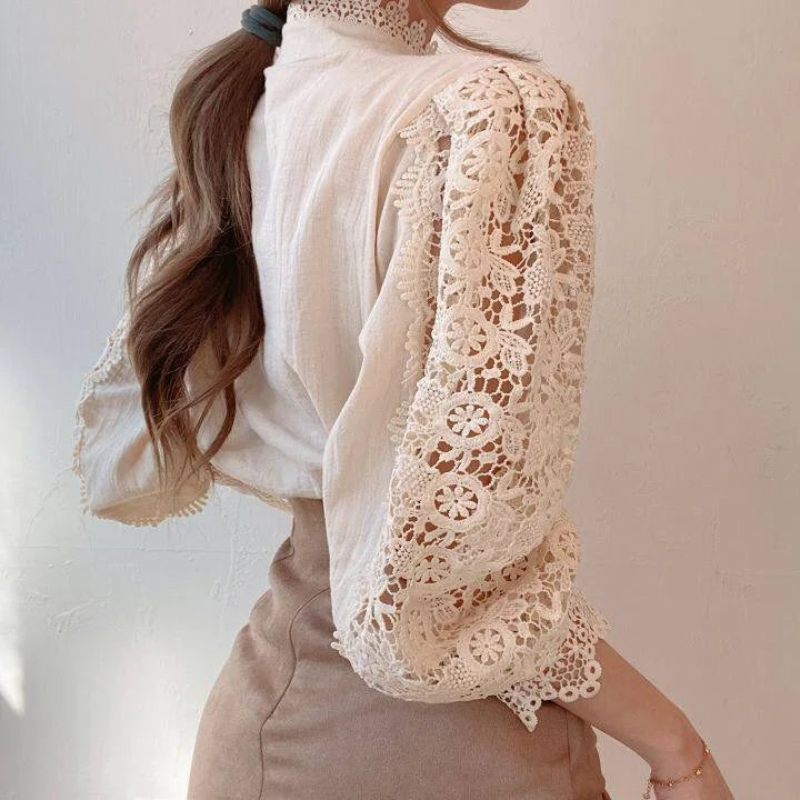 Vintage Solid White Lace Blouse Shirts Women New Korean Button Loose Shirt Tops Female Hollow Casual Ladies Blouses Blusas