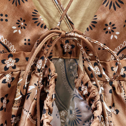 2026 Summer Retro V-neck Thin Suspender High Waist Sexy Dress Women's Ruffle Edge Fashion Backless Design Ladies Vintage Printed