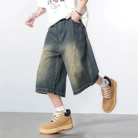 Vintage Washed Gradient Denim Mid-Rise Shorts with Streetwear Loose Wide Leg Fit for Summer Breathability