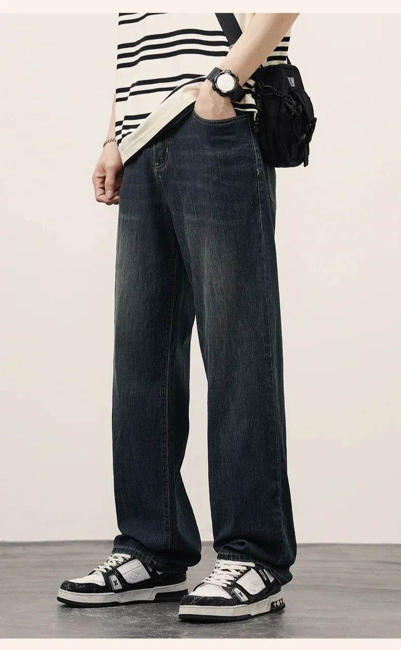 2025Spring Autumn New Men Straight Vintage Fit Jeans Casual Trousers High Quality Male Korean Fashion Baggy Wide Leg Denim Pants