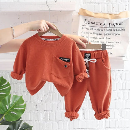 Spring Autumn Children Clothes Baby Boys Cotton Solid Waffle Sweatshirt + Pants 2Pcs Set Toddler Fashion Costume Kids Tracksuits