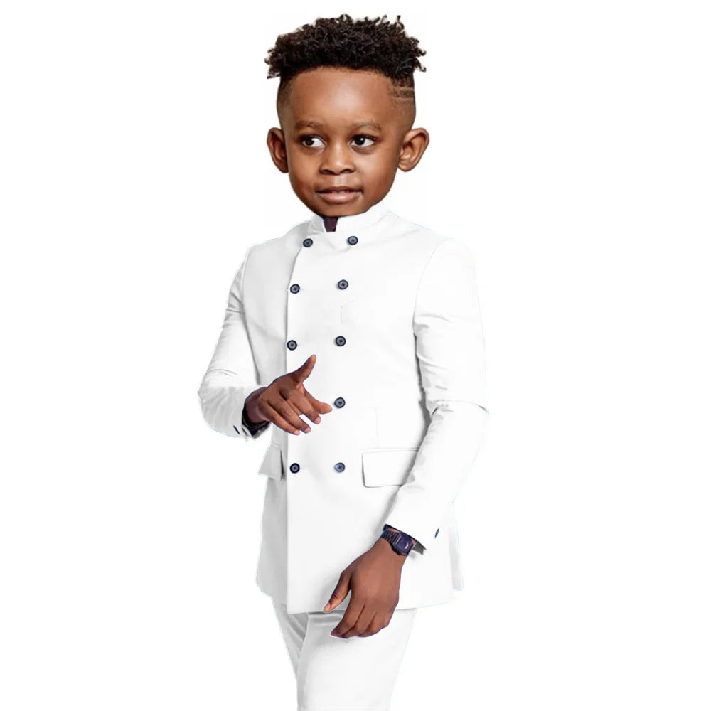 Stylish Elegant Boys Stand-up Collar Suits 2 Pieces Jacket Pants Formal Party Wear Double Breasted Kids Suit Set 2-20T