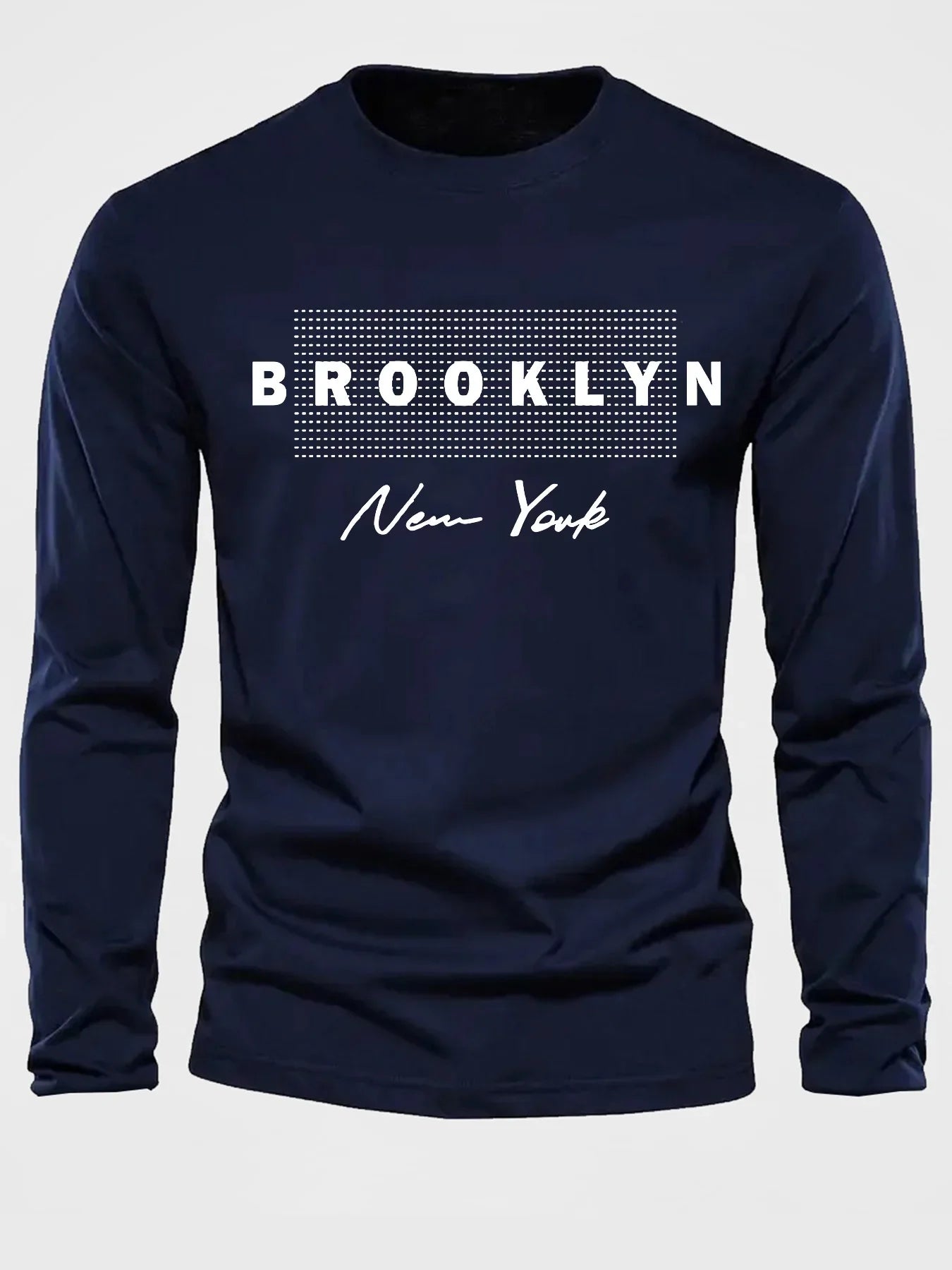 Men's 100% pure cotton loose and comfortable casual sports Brooklyn New York letter printed round neck long sleeved T-shirt top