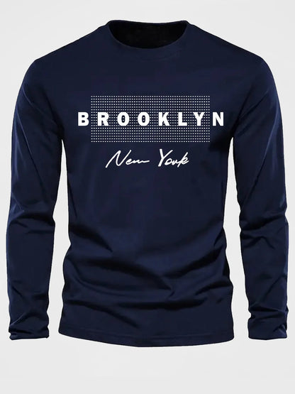 Men's 100% pure cotton loose and comfortable casual sports Brooklyn New York letter printed round neck long sleeved T-shirt top