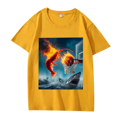 Shrimp Dunking on Shark Graphic Tee Retro Fishing Meme TShirt Women Short Sleeve Summer Tops Aesthetic Clothes Summer Streetwear