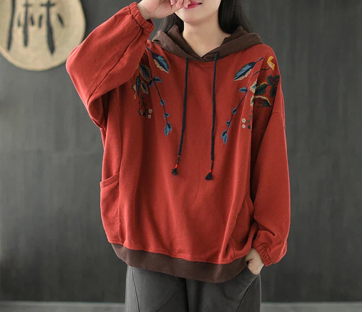 Brown Hoodies Embroidered Female Clothes Hooded Red Sweatshirts for Women Loose Green Baggy Tops Aesthetic Thick Goth Trend Emo