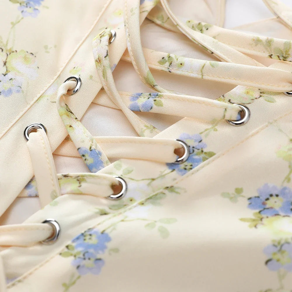 Summer V-neck Lace-up Back Floral Print A-line Midi Dress Casual Party Sun Dress for Women