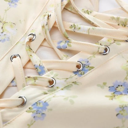 Summer V-neck Lace-up Back Floral Print A-line Midi Dress Casual Party Sun Dress for Women