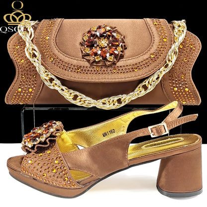 Open Toe Women Heels for 2024 Elegant Party Olive Color Diamond Pumps Italian Shoes and Bags Matching Set